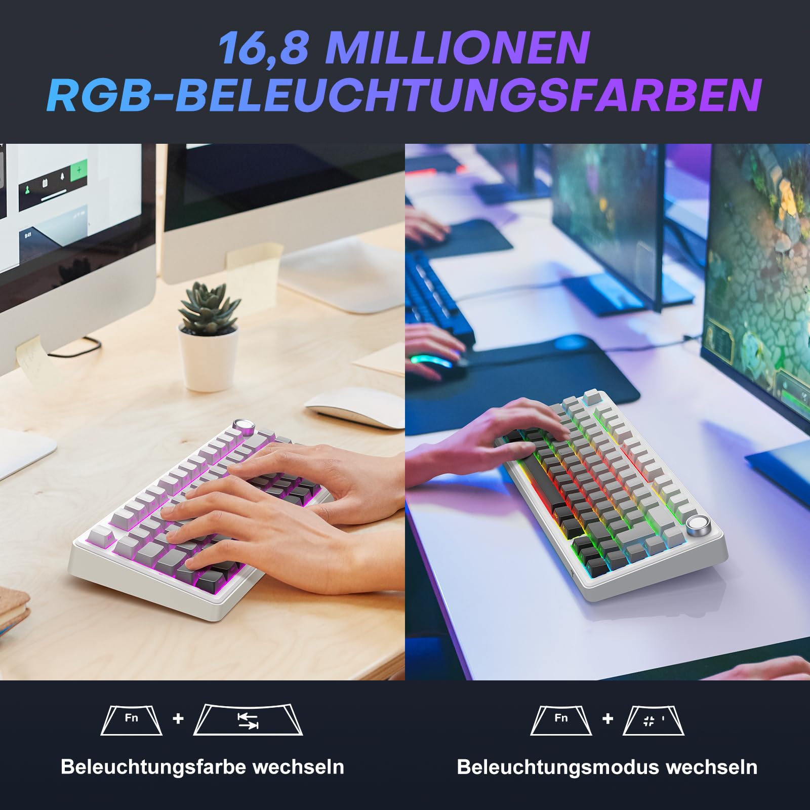 TECURS Klawiatura gamingowa mechaniczna ISO-DE | 75% Hot-Swap Sideprinte klawiatura bezprzewodowa czerwona oś Gasket Mount, PBT, RGB, Creamy MK209 Keyboard (2,4 G/BT/typ C) QWERTZ – dla graczy Setup