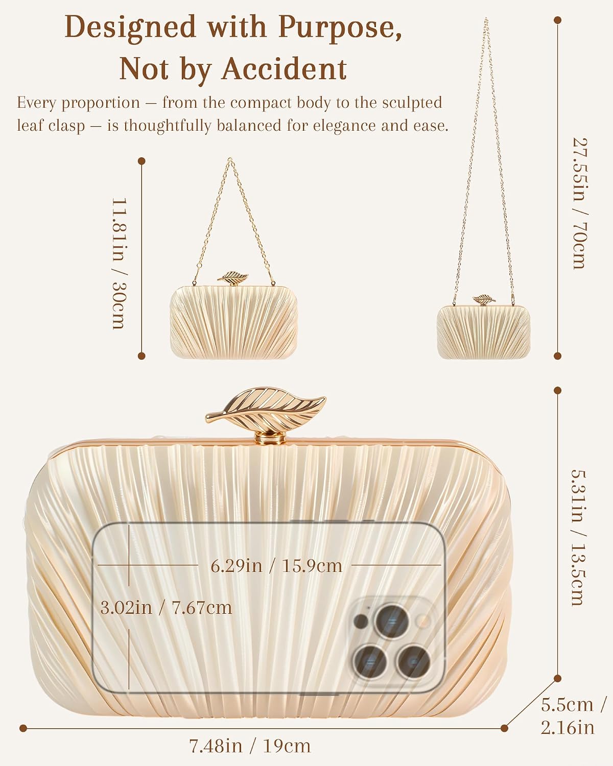 Gold Clutch Evening Bags for Women - Champagne Pleated Satin Purse, Formal Wedding Handbag with Scalloped Fan Clasp
