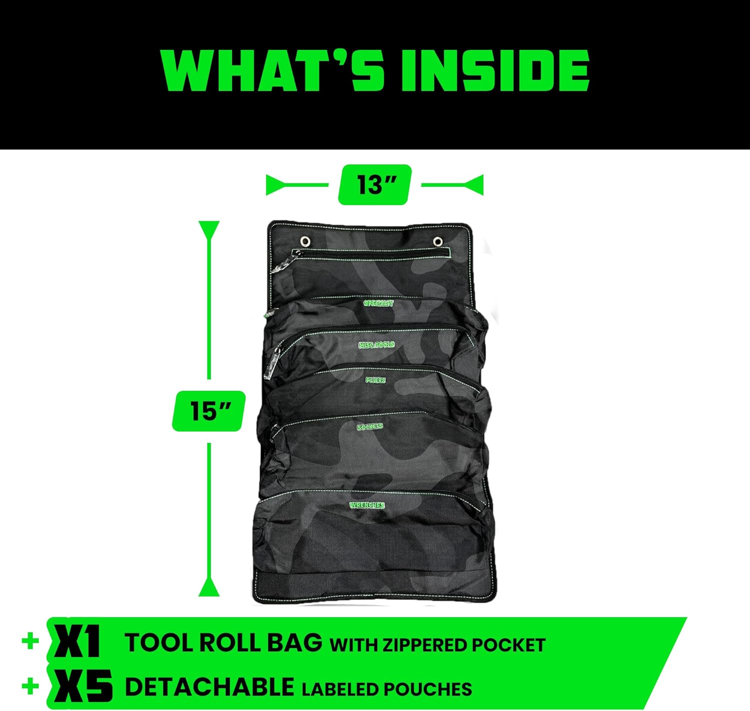 Rhino USA Tool Bag Roll - Heavy Duty Canvas Organizer Pouch for Tools - Ultimate Travel Tool Storage Kit for UTV, Car, Truck, 4x4 Offroad - Upgraded with Labeled & Removable Pouches - Secured for Life