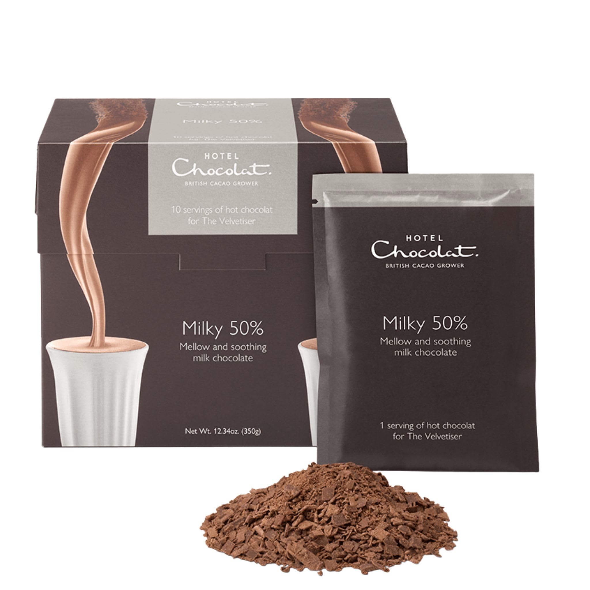 Hotel Chocolat - Milky 50% Hot Chocolate - Smooth Real Drinking Milk Chocolate - 10 Serving Box - European Style - Made for the Velvetiser