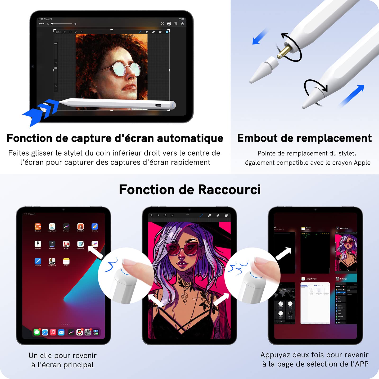 Stylet iPad Chargement Sans Fil, Stylus Pen avec Rejet de Paume, Crayon Compatible iPad 6/7/8/9/10, Pro 11" 4/3/2/1, 12,9" 6/5/4/3, Air 3/4/5, Mini 5/6
