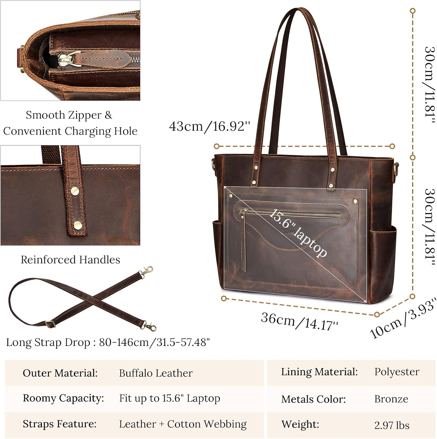 S-ZONE Women Genuine Leather Tote Bag Large Shoulder Purse Vintage Crossbody Work Handbag - Image 4