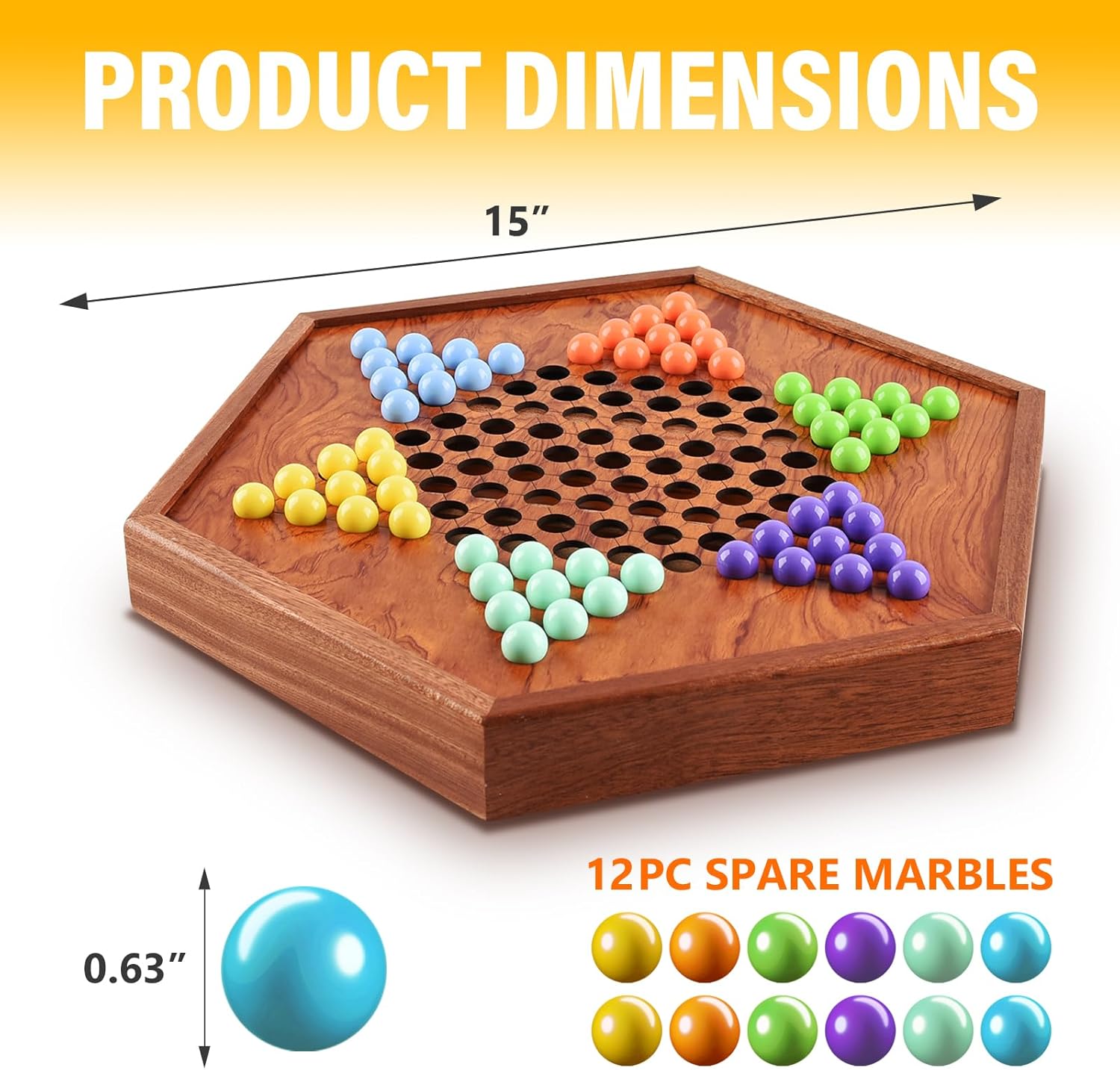 Large Chinese Checkers Upgraded Version Wooden Game Board, 16mm 60+12 Colorful Acrylic Marbles, Easy Grasping for Adults and Kids, with Storage Drawer, Fun for Family Gathering (15in.)