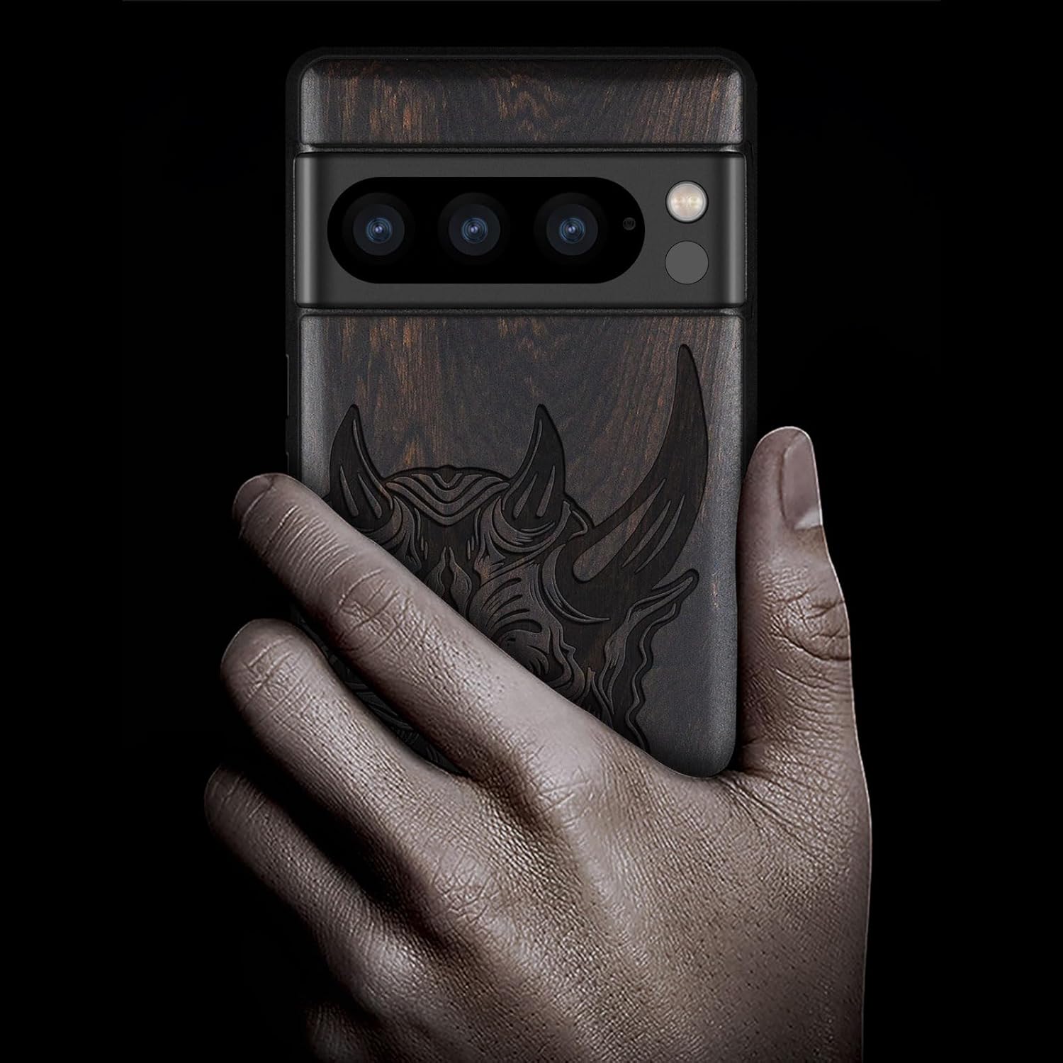 Carveit Wood Case for Google Pixel 8 Pro - Natural Wood & Black Soft TPU - Shockproof Protective Cover - Unique Wooden Case - Japanese Oni Mask - Black
