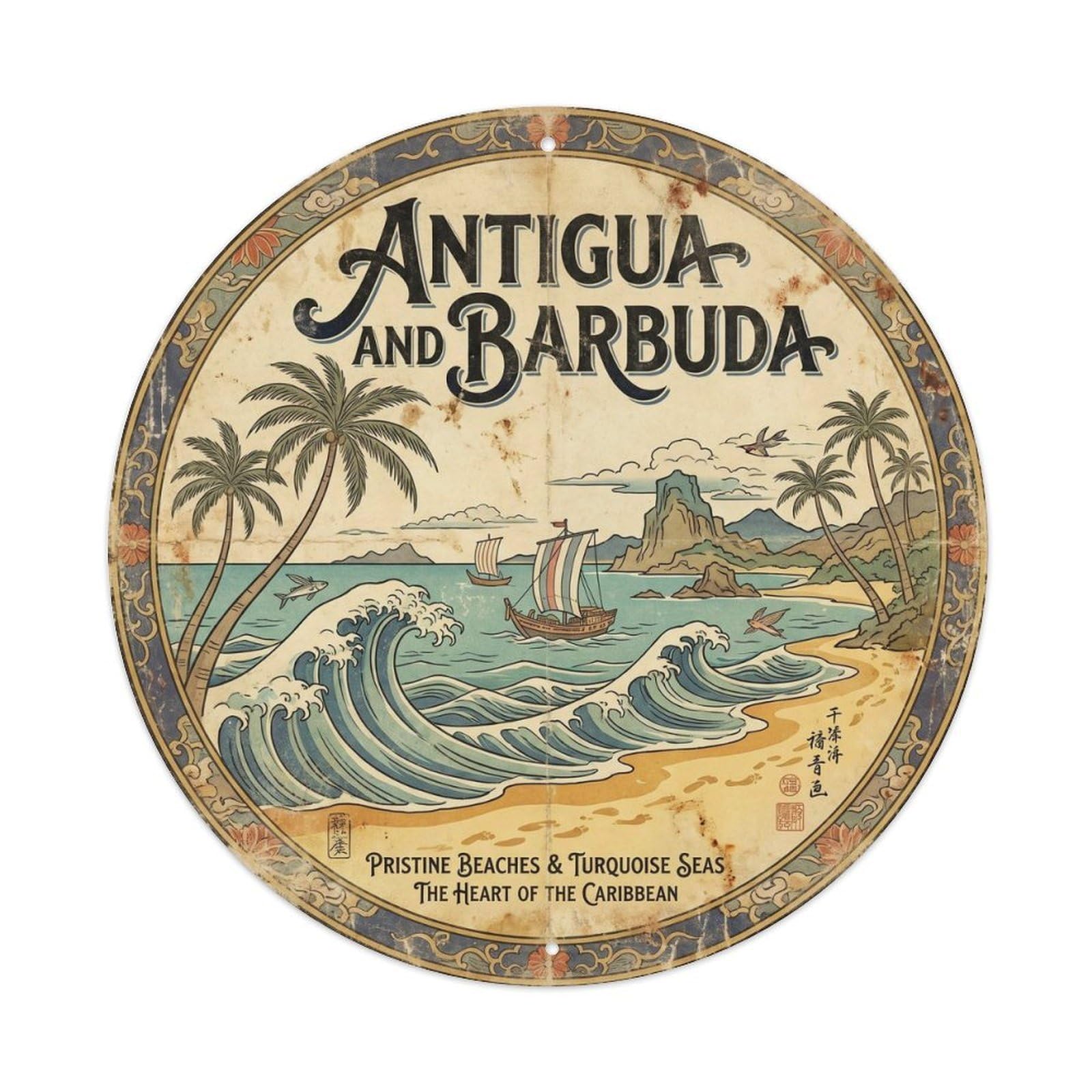 Olhnbad 08X08inch Style Antigua And Barbuda Saint John Island Resort Woodblock Metal Tin Sign