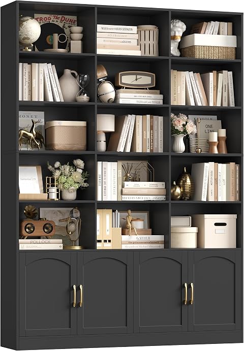 FirFurd 209cm Bibliothèque Meuble de Rangement avec 19 Étagères Noire | Bibliotheque avec 4 portes, 150x23,7x209 cm, Base surélevée, Étagere de rangement, Bibliothèques pour salon bureau chambre