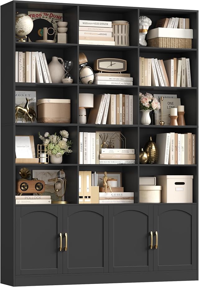 FirFurd 209cm Bibliothèque Meuble de Rangement avec 19 Étagères Noire | Bibliotheque avec 4 portes, 150x23,7x209 cm, Base surélevée, Étagere de rangement, Bibliothèques pour salon bureau chambre