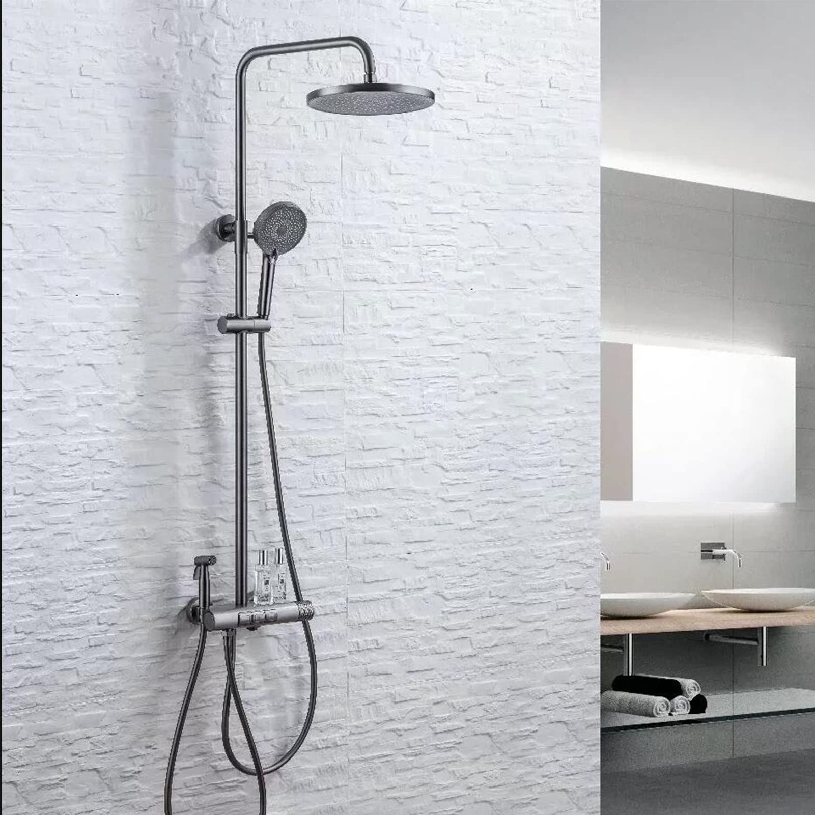 Sistema Doccia a Vista Grigio, Rubinetto Doccia a 4 funzioni, soffione Doccia a Pioggia con doccetta, beccuccio per Vasca, spruzzatore per Bidet, Miscelatore per Vasca, rubinetti p