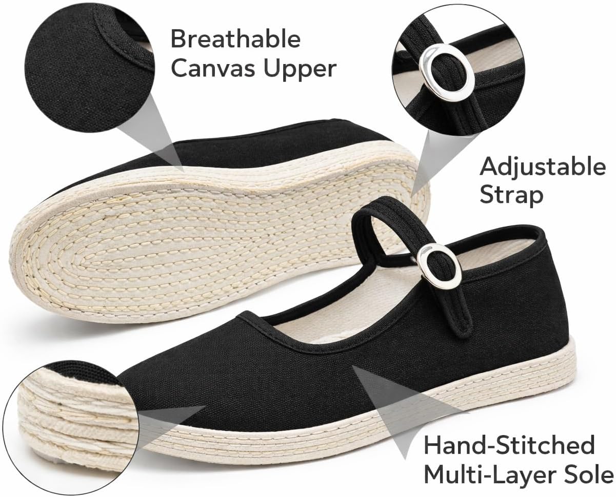 Lazutom Women’s Chinese Cotton Kung Fu Shoes Black Mary Jane Flats for Tai Chi Martial Arts Practice & Daily Wear - Image 3
