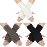 3 Pairs Fingerless Gloves Winter Warm Fingerless Mittens Knit Crochet Arm Warmers with Thumb Hole for Women Lady Open Fingers(Black, White, Grey)