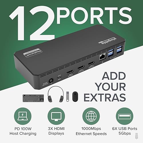 Miniatura 2 de Plugable Estación de acoplamiento USB C para Triple Pantalla | PD de 100W, 3x HDMI (1x 4K 30Hz, 2x 1080p 60Hz), 6x Puertos USB 5Gbps | Compatible