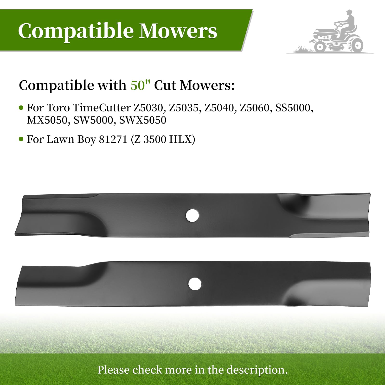Cuchillas de cortacésped 110-6837-03 para cubierta Toro TimeCutter de 50 pulgadas, cuchillas de alta elevación compatibles con tractor Toro Z5000 SS5060 de 50 pulgadas, repuesto 115-5059-03