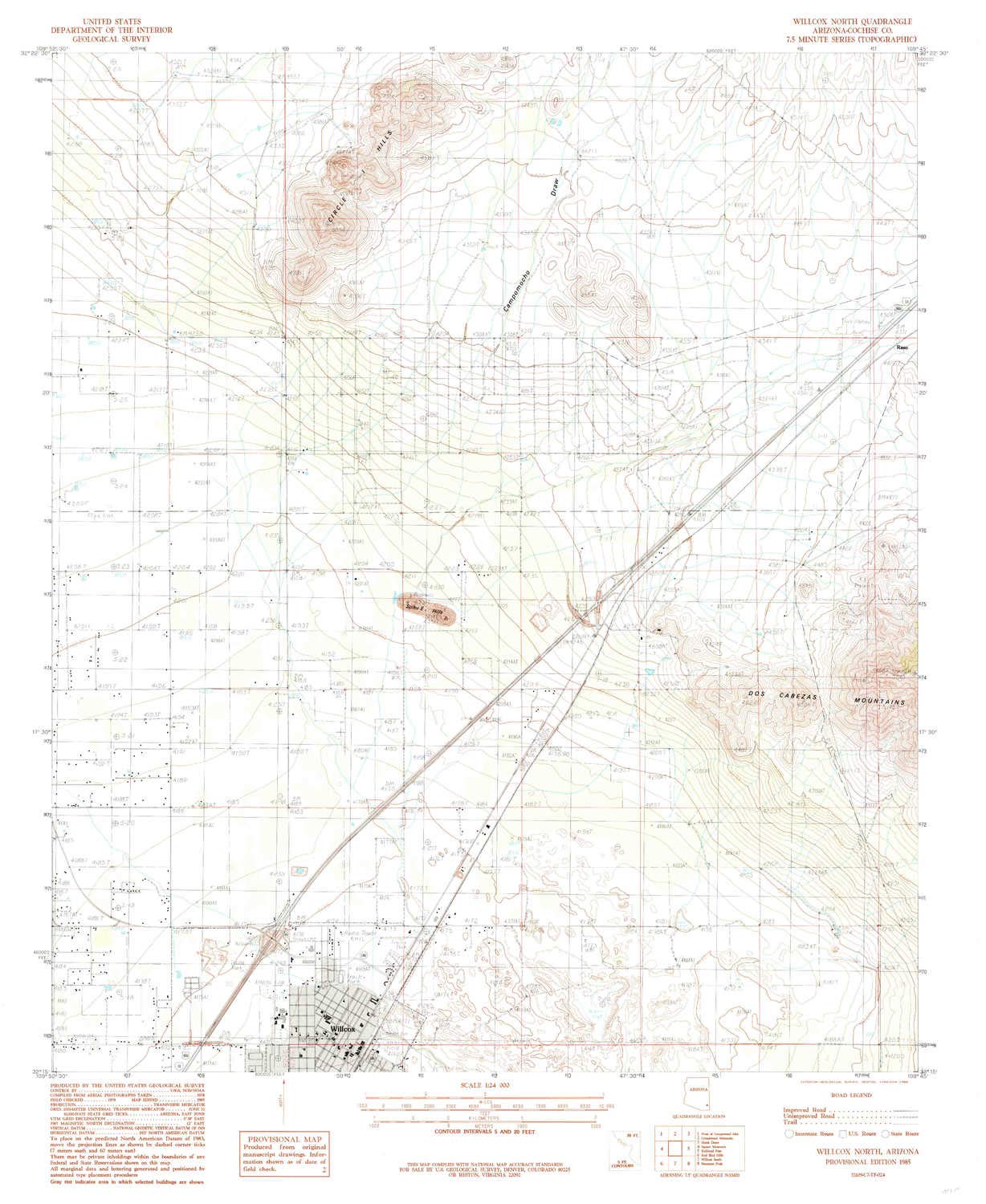 Willcox North AZ topo map, 1:24000 Scale, 7.5 X 7.5 Minute, Historical, 1985, Updated 1985, 26.9 x 22 in