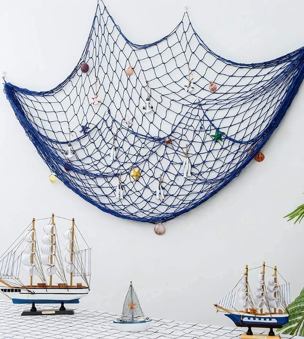 Fish Net Red Pesca Decoracion con Conchas,Red de Peces Decoración de Pared,Marco de Colgante Náutico Estilo Foto Playa del Océano Mediterráneo Decoración del Hogar 100 cm × 200 cm Azul