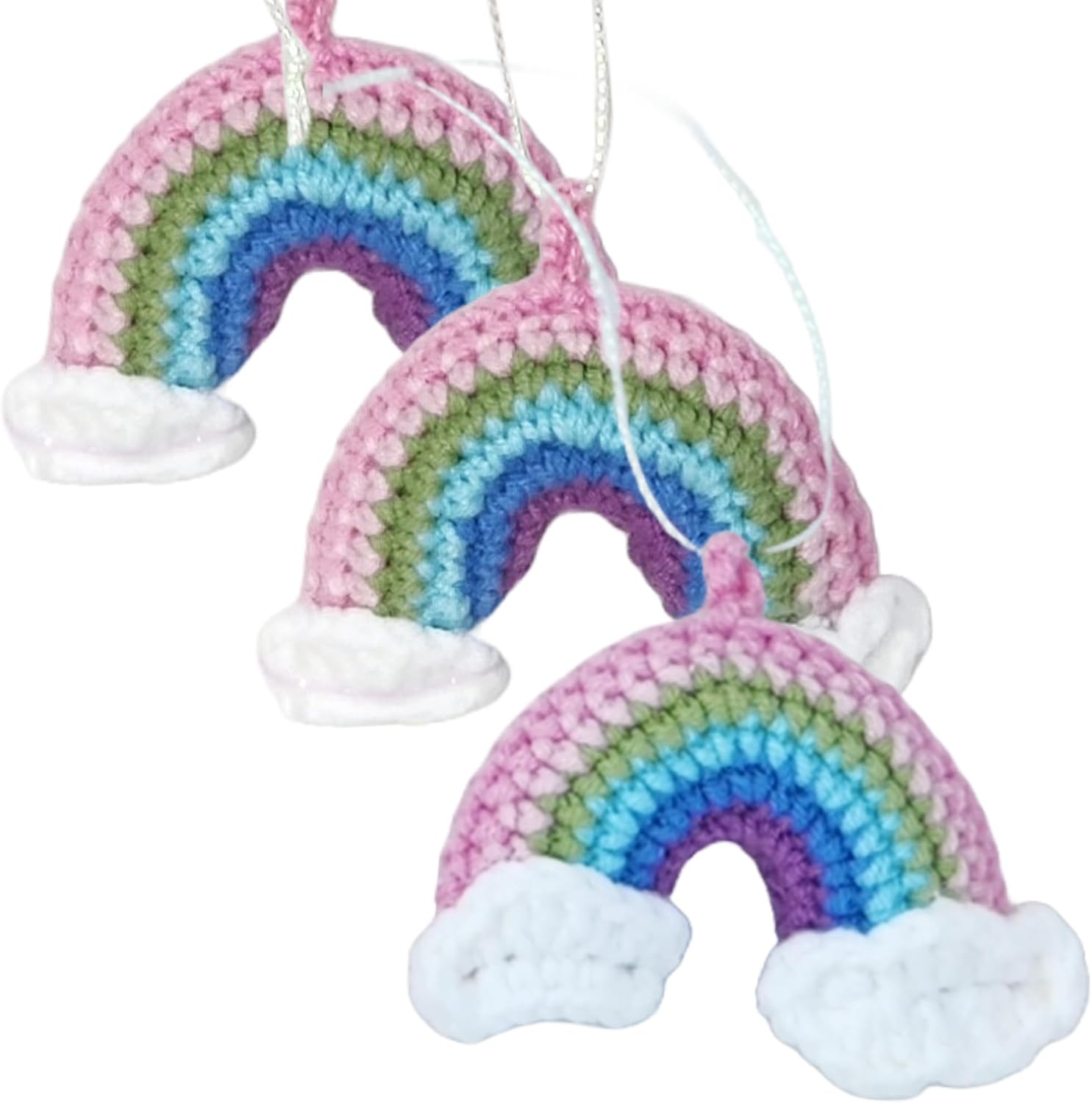 100% HANDMADE Crochet Pastel Rainbows Set of 3 - Unique Hanging Ornaments for Christmas Tree, Stocking Stuffer Gift, Cute Decor - Soft Yarn, Light, Shatterproof, Safe