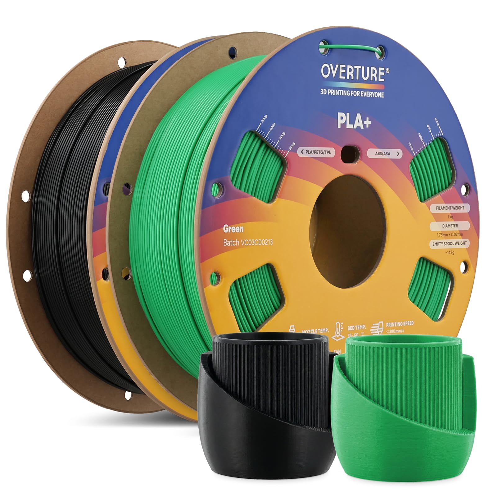 OVERTURE PLA+ szpula filamentu, 1 kg, 1,75 mm, kolor czarny x 1 + zielony x 1 x 2 kg
