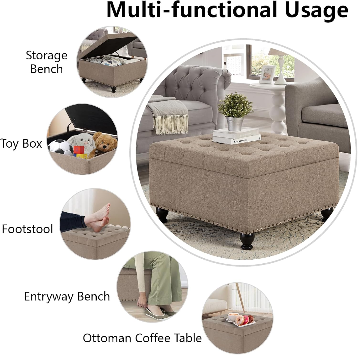 Oversized Square Ottoman Storage Bench for Living Room Bedroom Large Ottoman Coffee Table with Rubber Wood Legs, Linen Fabric Upholstered Foot Stool Foot Rest for Couch Sofa, Light Brown - Image 5