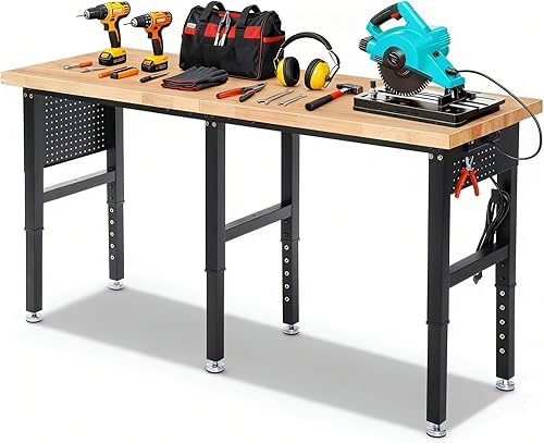 Miniatura 10 de Banco de trabajo con almacenamiento Ajustable con cajones para garaje, superficie de madera de goma de 48 pulgadas, banco de trabajo para garaje con