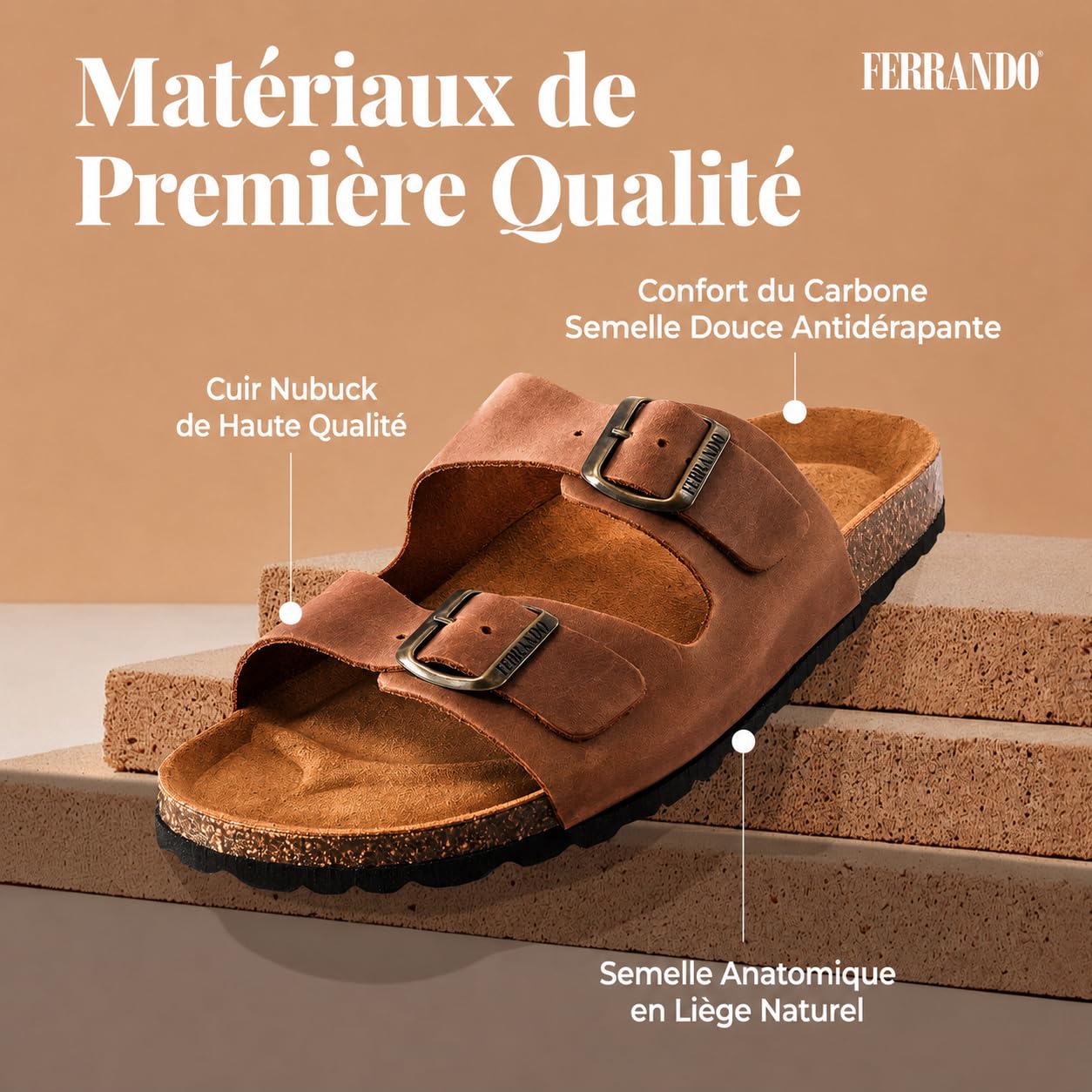 Sandales pour homme en cuir nubuck bio anatomiques confortables en liège naturel été respirantes antidérapantes sabot mules piscine pantoufles plage boucles réglables sans nickel EVA fabriquées en
