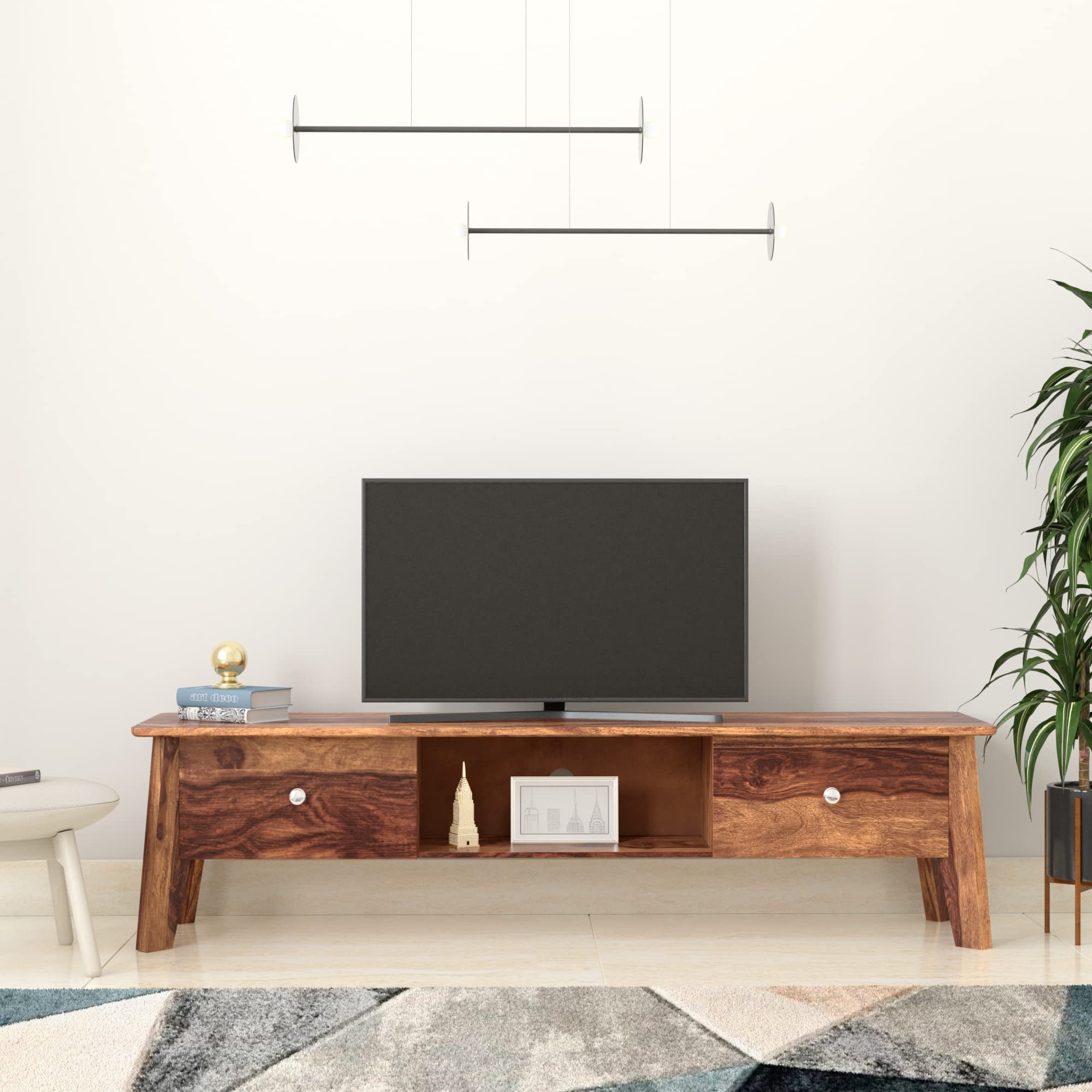 amazon brand - solimo borrigo solid sheesham wood tv unit with 2 drawers, 1 shelf, natural finish