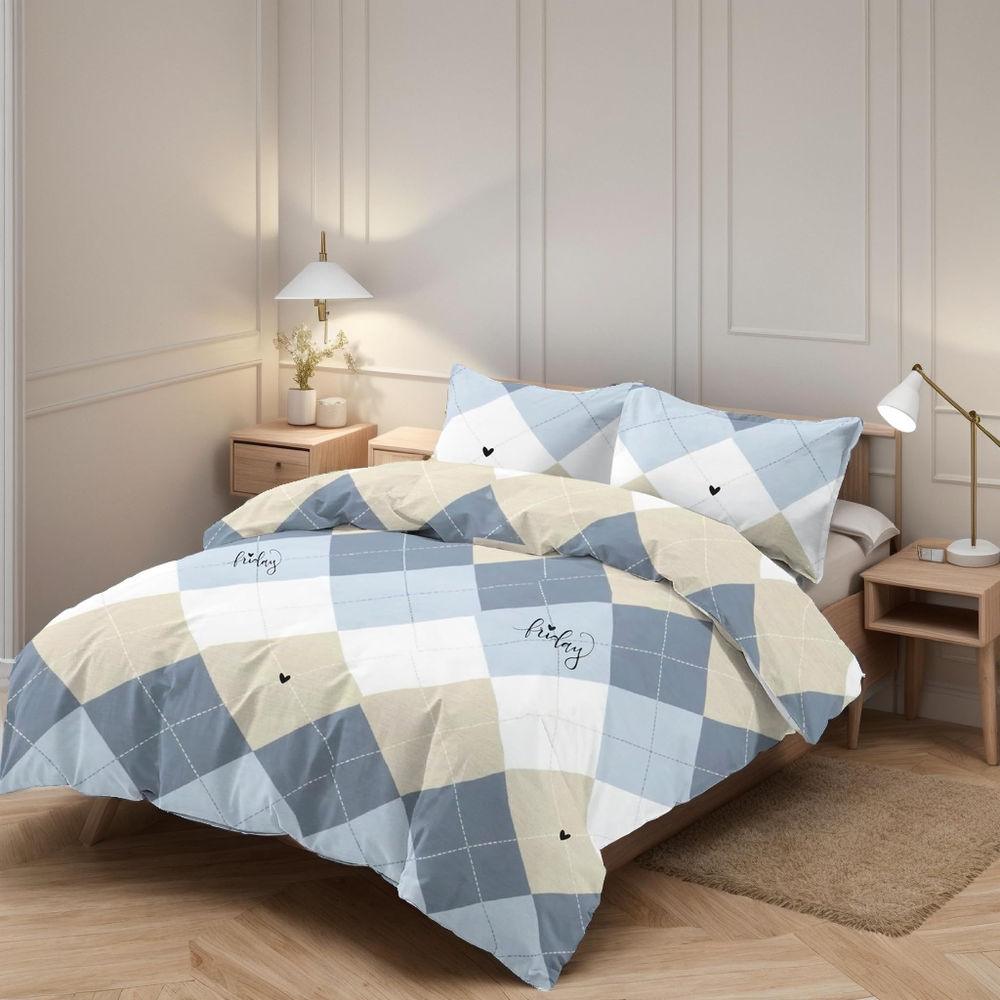 Juego de Funda Nordica Microfibra de 3 Piezas para Cama 90 Ultra Suave Transpirable, Incluye 1 Funda Edredón 150x220cm, 1 Bajera 90x200+28cm, 1 Funda Almojada 50x110cm - Cuadros Multicolores