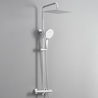 DERW Thermostatic Shower Mixer Set with 12" Square Rainfall Shower Head, 5-Mode Round Handheld Shower with Rotating Bracket, Anti-Leak Hose,Easy Install, Suitable for Bathrooms (Chrome)