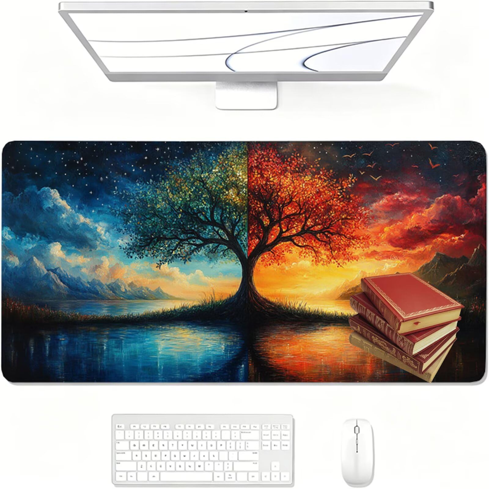 Tapis de Souris Gaming XXL,1000x500x3mm Tapis de Souris Bleu,Grand Tapis de Bureau sous Main avec Surface Spéciale Améliore la Vitesse et la Précision,Imperméable Mouse Pad Arbre pour Bureau XF-793