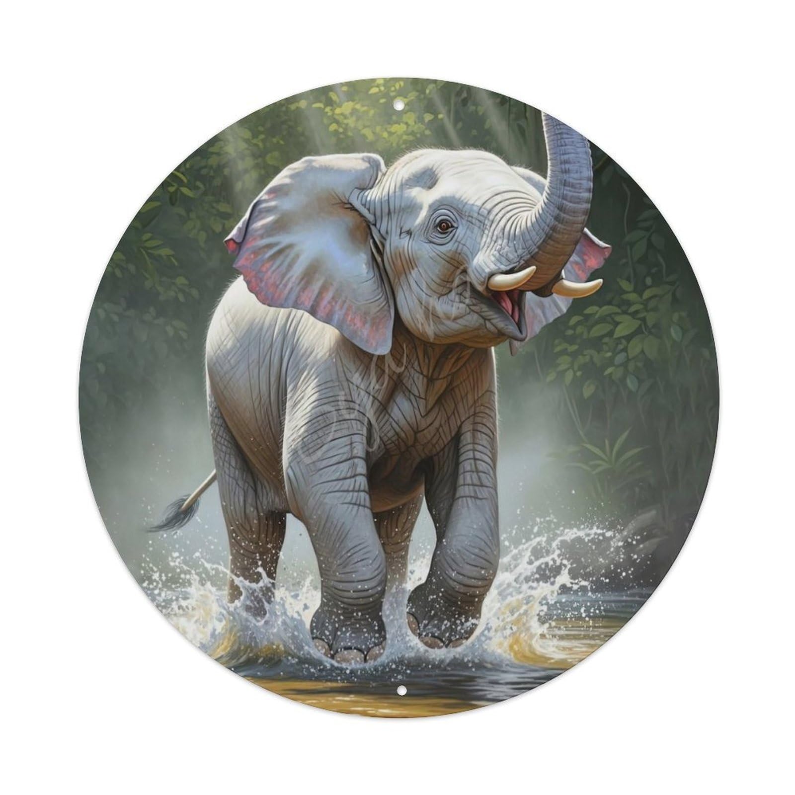 Animal Asian Elephant in Tropical Rainforest with Sunbeams And Water Splash Vintage Metal Tin Sign Plaque Wall Decor for Cafe, Club Bar, Office, Garden Metal Poster 8x8Inch