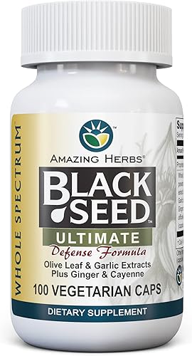 Amazing Herbs Full Spectrum Black Seed Ultimate, Cápsulas vegetarianas  Extractos de hoja de oliva y ajo más jengibre y cayena, sin gluten, sin OMG,