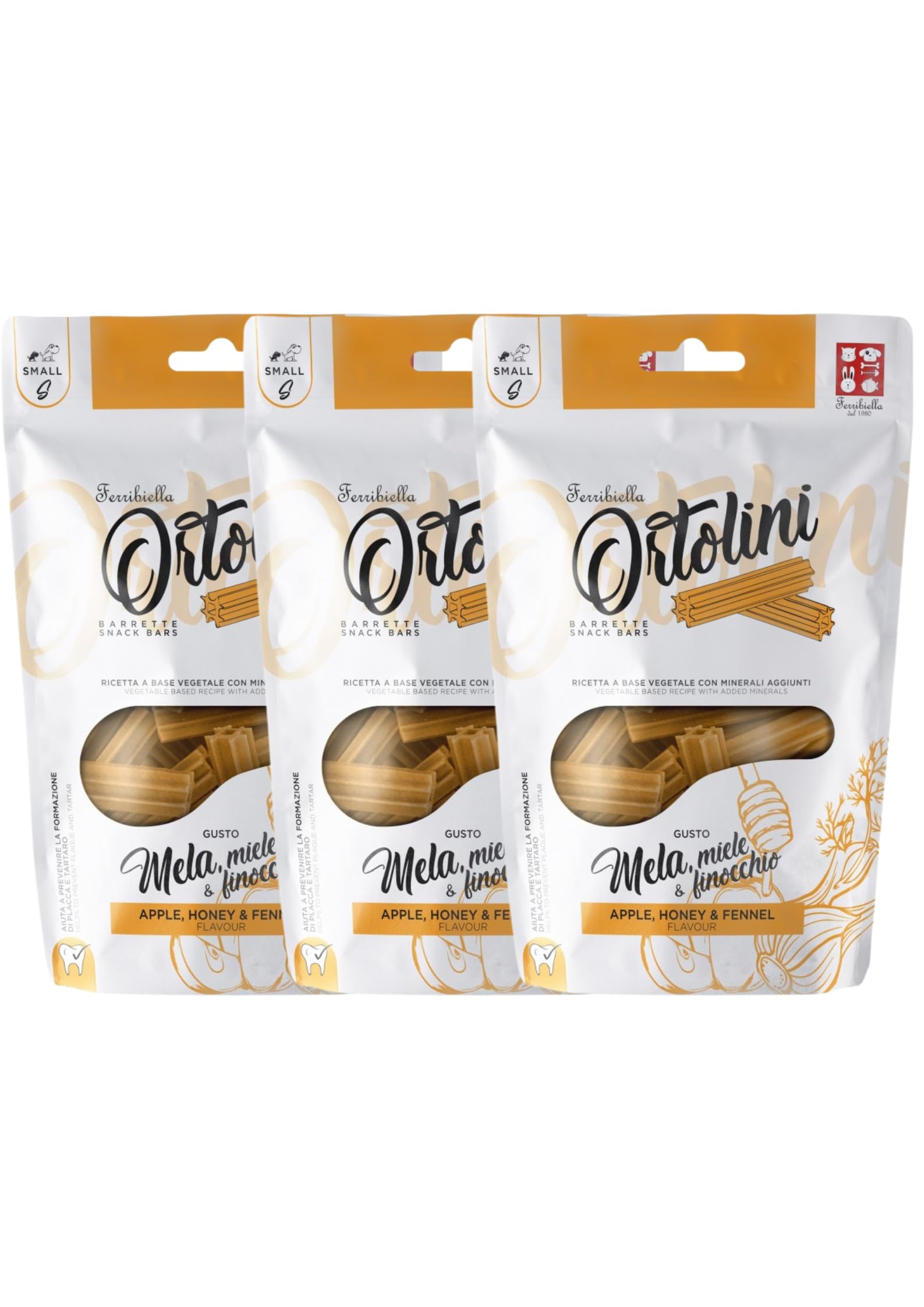 3 Confezioni di Ferribiella Ortolini Snack Mela, Miele e Finocchio - Stick Igiene Orale per Cane - Dimensione Small