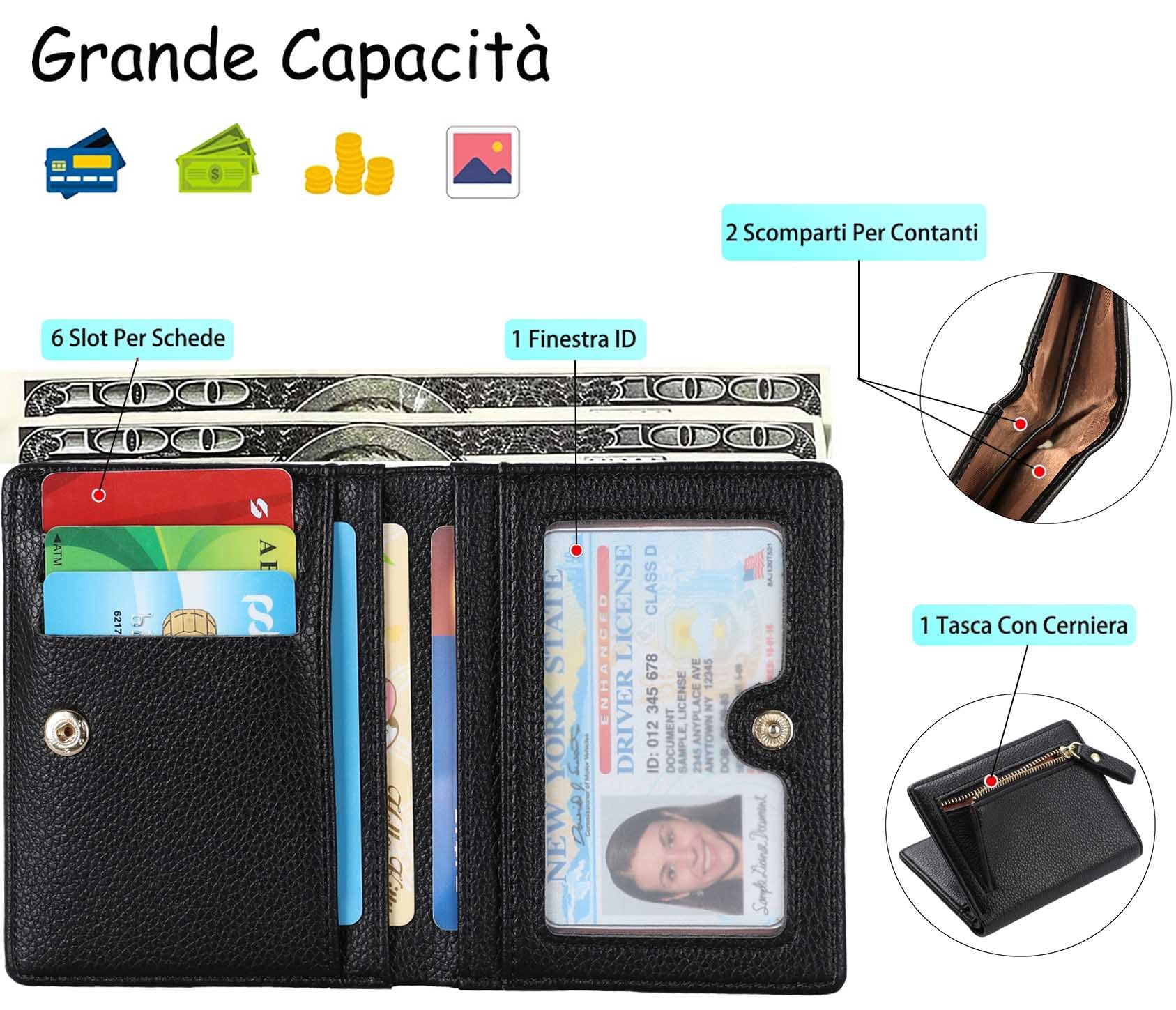 RRANCharltu Portafoglio Donna Piccolo in Pelle Portamonete Piccoli con Cerniera e chiusura a Scatto Scomparti per Carte Multipli, Nero