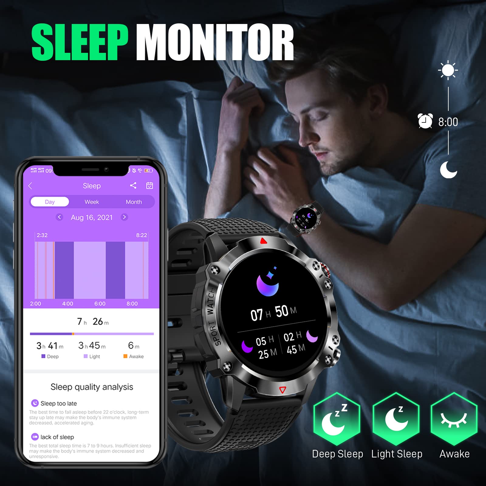 JELLOO Smart Watch militare da uomo, 1,39 pollici HD Bluetooth Chiamate Smartwatch per iPhone Android, IP68 Impermeabile Fitness Tracker Orologio con Frequenza Cardiaca, Monitoraggio del sonno, 100+