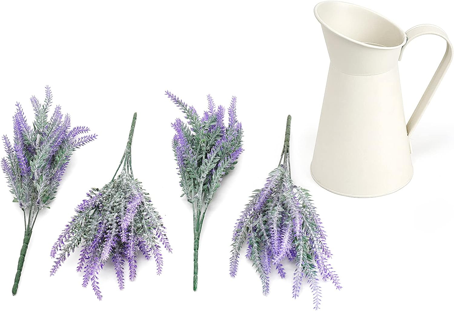Dahey Galvanized Metal Jug Vase Rustic Style Metal Pitcher Flower Holder with Lavender Artificial Flowers Farmhouse Home Decor for Centerpieces Living Room Kitchen Bedroom Apartment Office,White