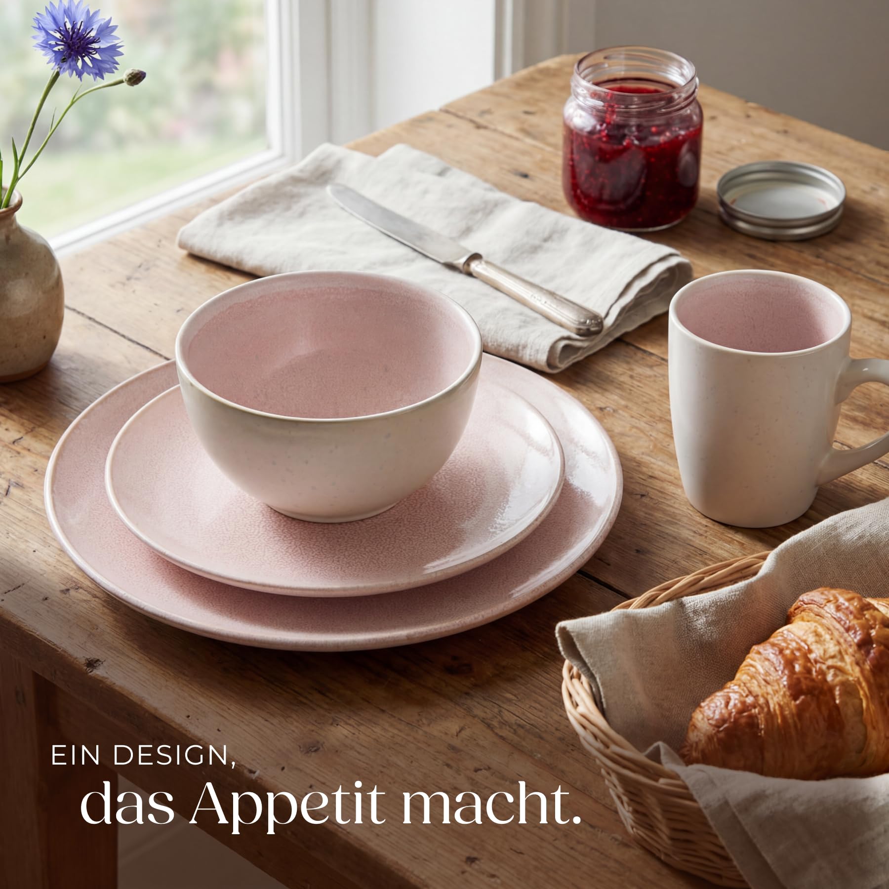 tectake® 30tlg. Kombiservice 6 Personen, Steingut Geschirrset 6 Personen, handgefertigtes Teller Set mit Schüsseln und Tassen, Geschirr Set spülmaschinen- und mikrowellengeeignet - Coral Blush