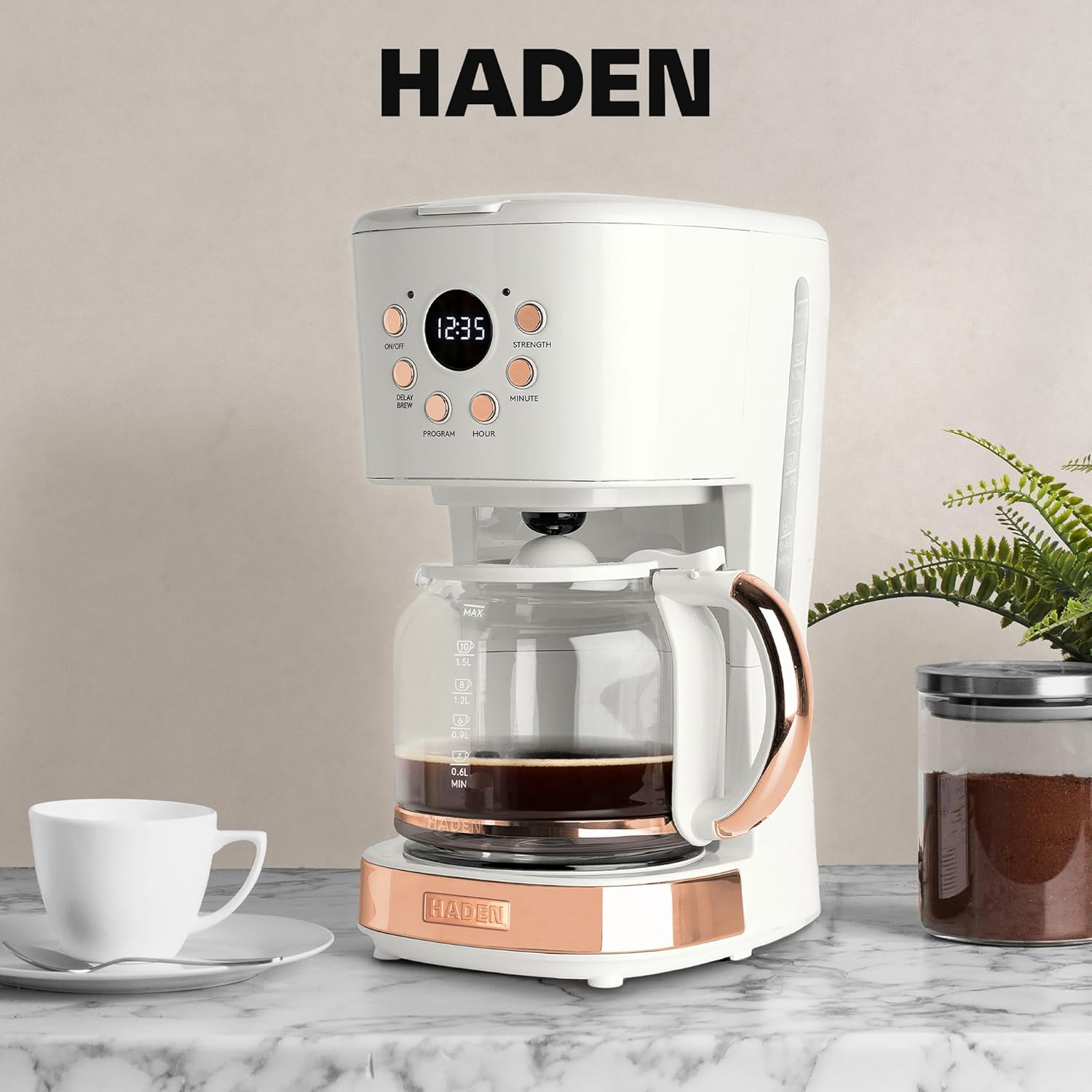 Haden Heritage 2 Slice Wide Slot Stainless Steel Toaster Bundled with 12 Cup Programmable Drip Coffee Maker Coffee Machine, Ivory & Copper