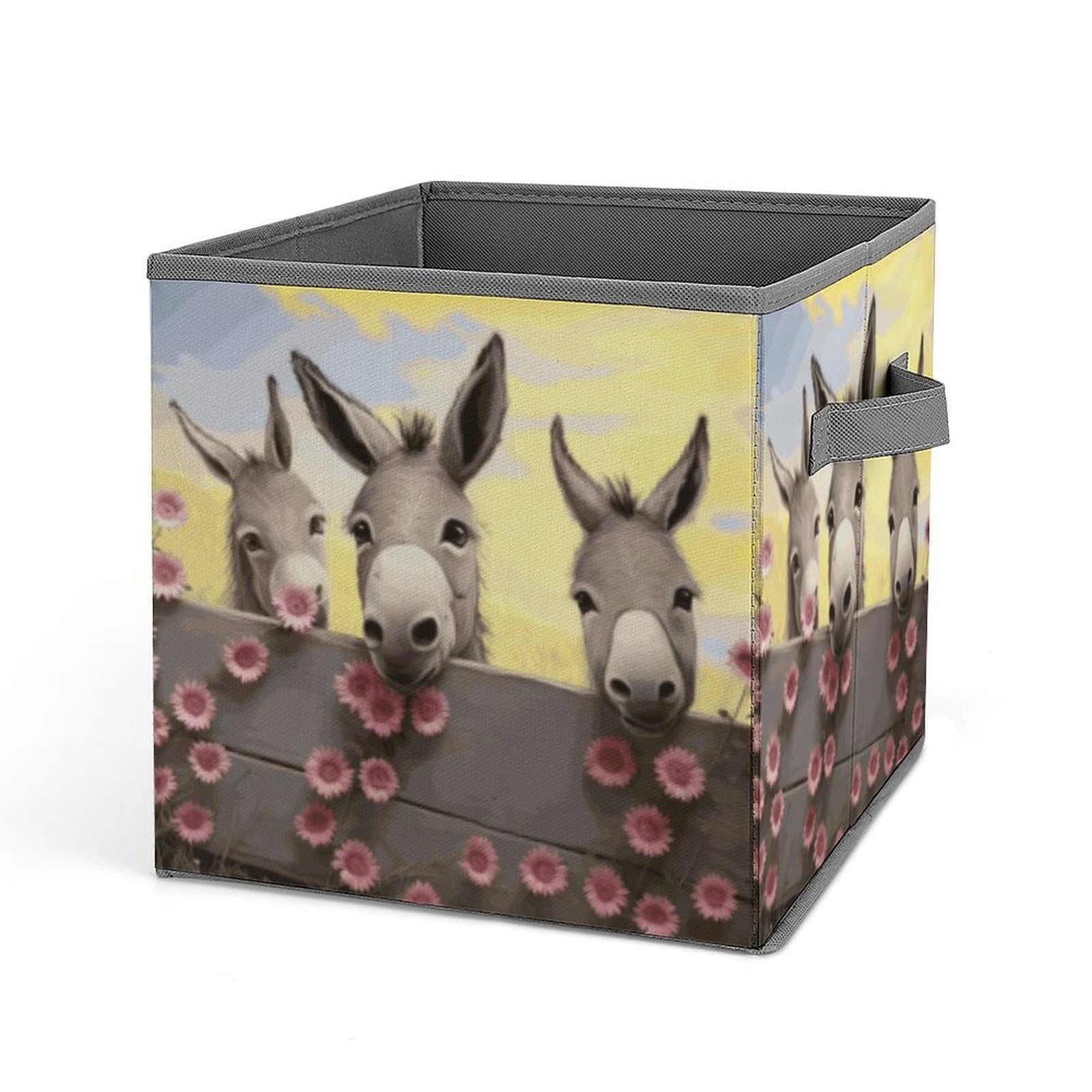 DWVTSLH Donkey And Flower Cube Storage Bins with Handle, Foldable Storage Cubes, 11 Inch Large Storage Baskets, Washable Fabric Closet Organizer for Shelves, Decorative Clothes Storage Boxes