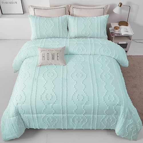 Luxudecor Juego de edredón bohemio con textura azul, tamaño King, juego de ropa de cama bordado Shabby Chic de 3 piezas, edredón ultrasuave para