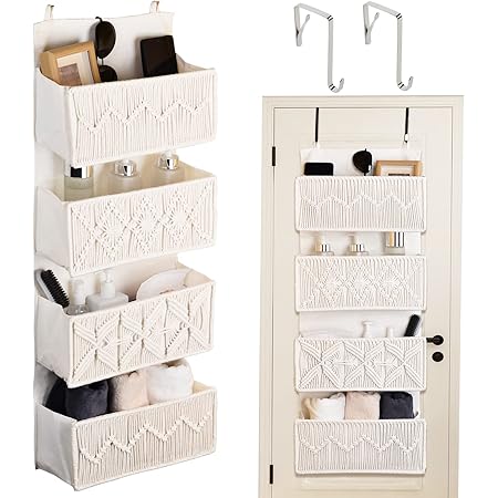 Organizzatore da Appendere alla Porta a 4 Ripiani Autumnlife - Organizzatore Boho Macramè per Parete, Color Avorio, per Cameretta, Bagno, Camera da Letto o Dispensa, Decorazione Boho in Avorio