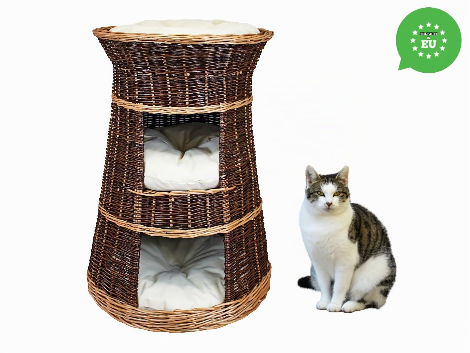Katzenkorb zum Schlafen – Katzenhütte Indoor – Größe: 43 x 49 x 70 cm rund – Katzenhöhle aus Weide – Dreistufiges Bett für Hunde oder Katzen mit waschbaren Kissen in Ecru – Lackierter Korb