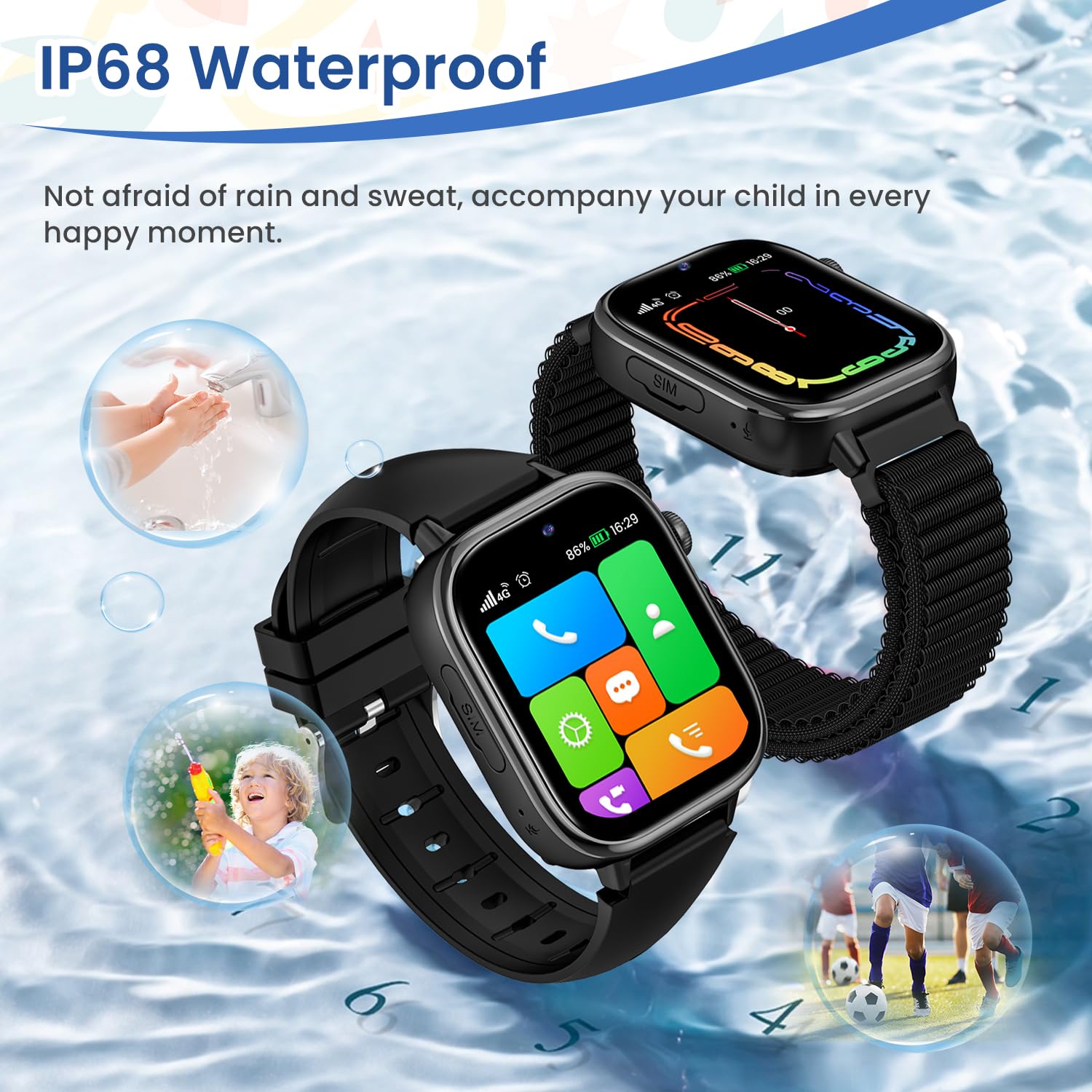 SWGOTA Smartwatch Bambini, Orologio Telefono Bambino con SIM Chiamate, GPS, 4G Videochiamata, SOS, IP68 Sveglia Cronometro Modalità Classe Giochi Contapassi per Ragazza e Ragazzo 3-12 Anni Regalo Nero