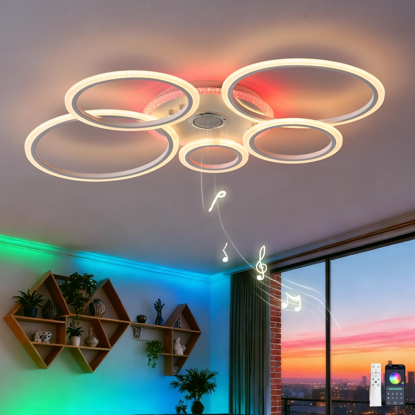 Lampadario Altoparlante Bluetooth RGB Lampadari Circular Design con Telecomando Timer Dimmerabile Plafoniera con Luce Notturna e Funzione di Memoria per la Camera da Letto, Bianco