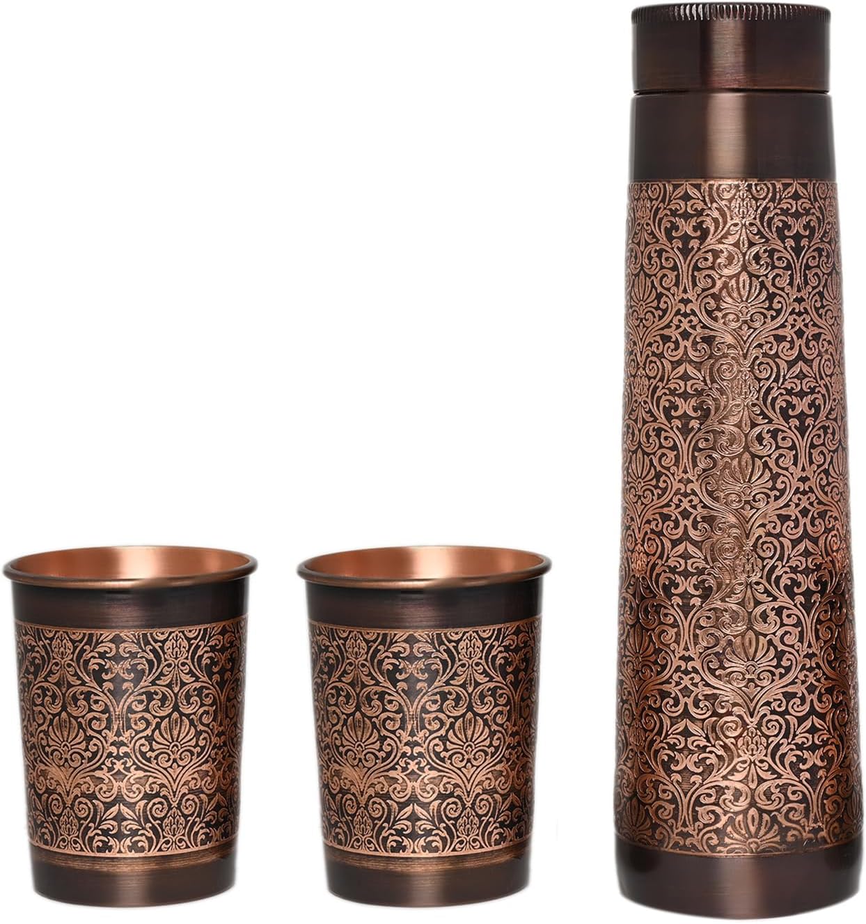 ANCIENT IMPEX Copper Water Bottle with 2 Tumblers – Floral Pattern Lighthouse Shape | Pure Copper Drink ware for Ayurveda Health, Digestion & Detox