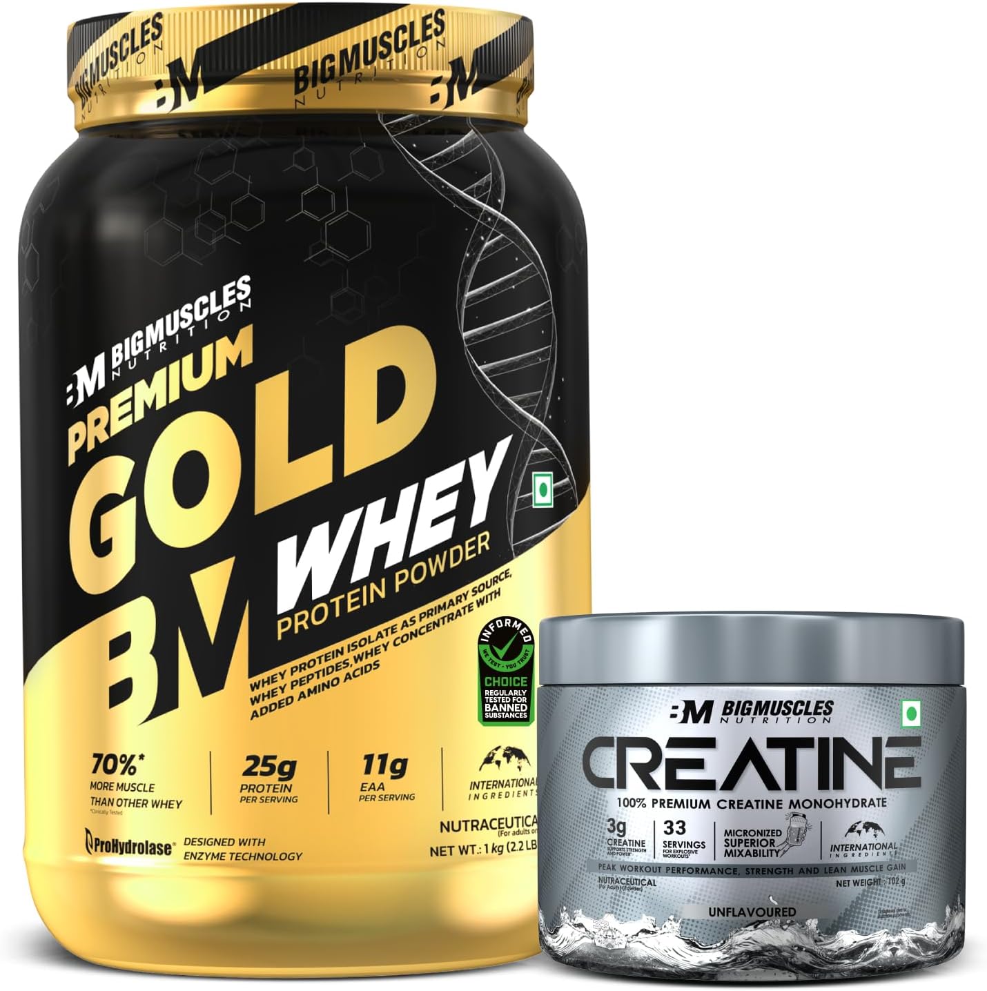 - Premium Gold Whey [1 Kilogram] [Chocolate] & Creatine (100g, 33 Servings, Unflavoured) Combo | Informed Choice UK Certified | 3rd Party Lab Tested