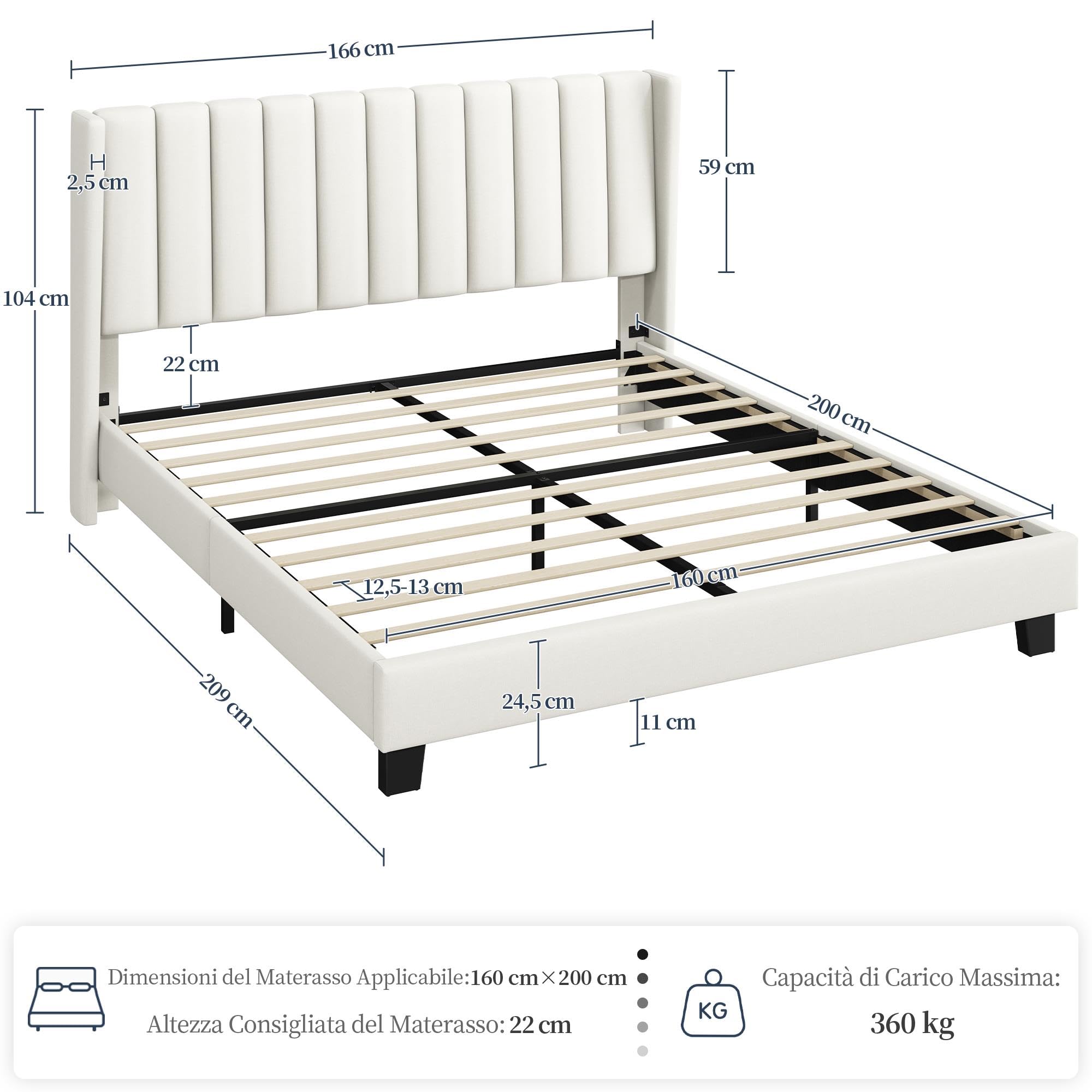 Yaheetech Letto Imbottito 160 x 200 cm Matrimoniale Testiera a Strisce con Rete a Doghe in Legno e Metallo Struttura Letto a Piattaforma Antirumore Montaggio Facile e Veloce Beige