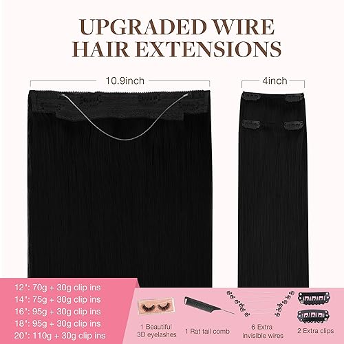 Miniatura 2 de GOO GOO Extensiones de cabello humano real con alambre, 20 pulgadas, 4.94 oz negro azabache, extensiones de cabello con alambre invisible con línea