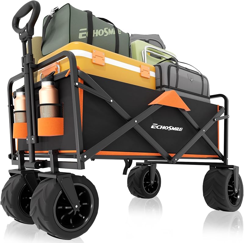 EchoSmile Wagon Cart Foldable Heavy Duty 350L Cap for Camping, Black&Orange | All-Terrain Big Wheels·Reinforced Bottom Frame·Utility·Grocery·Beach