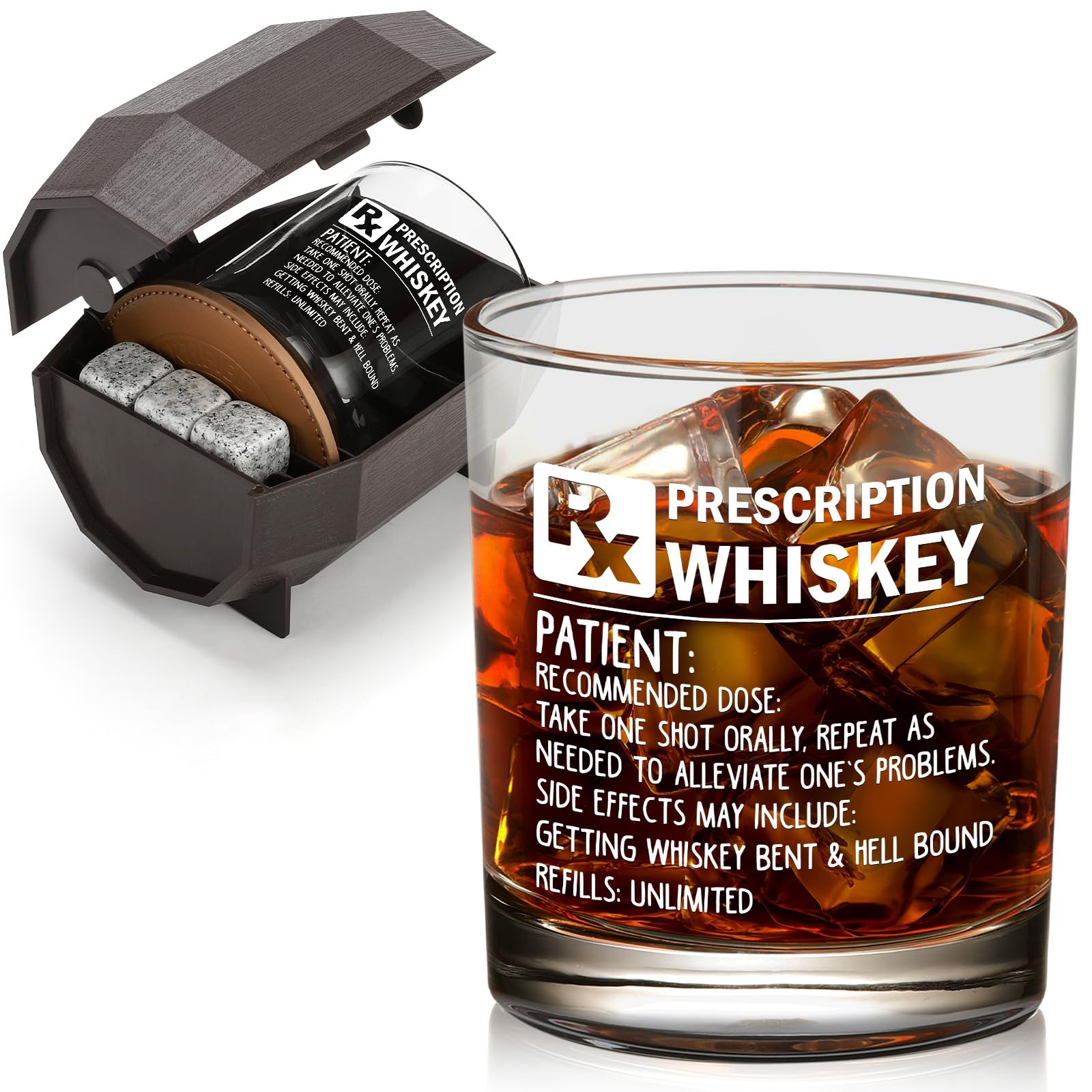 Prescription Whiskey Glass, Funny Rocks Glass & Bourbon Barrel Set for Brother Boyfriend Father Husband Coworker on Christmas & Birthday, White Elephant Cool Gag Gifts for Men