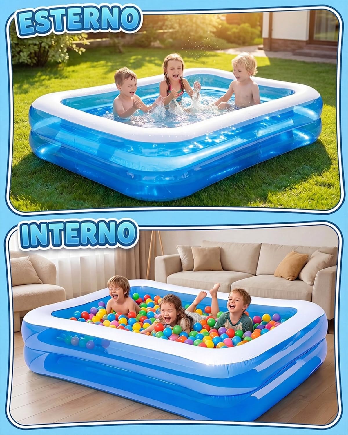 Piscina Gonfiabile Rettangolare per Bambini e Adulti, Vasca d’Acqua 200X150X50cm, Piscina Familiale Estiva, Modello Multiuso per Giardino, Utilizzo Interno ed Esterno