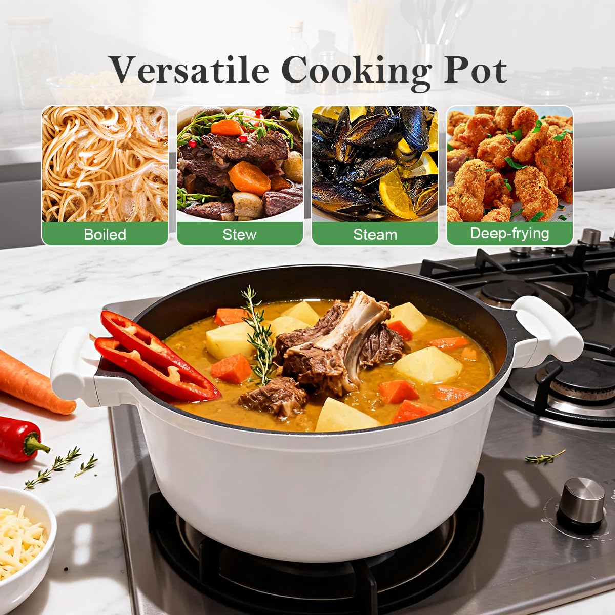 Ollas de vapor de 6 litros con tapa, olla antiadherente de 6 L con vaporizador de verduras, sin PTFE y PFAS, olla grande para cocinar al vapor, asas que se mantienen frías, compatible con