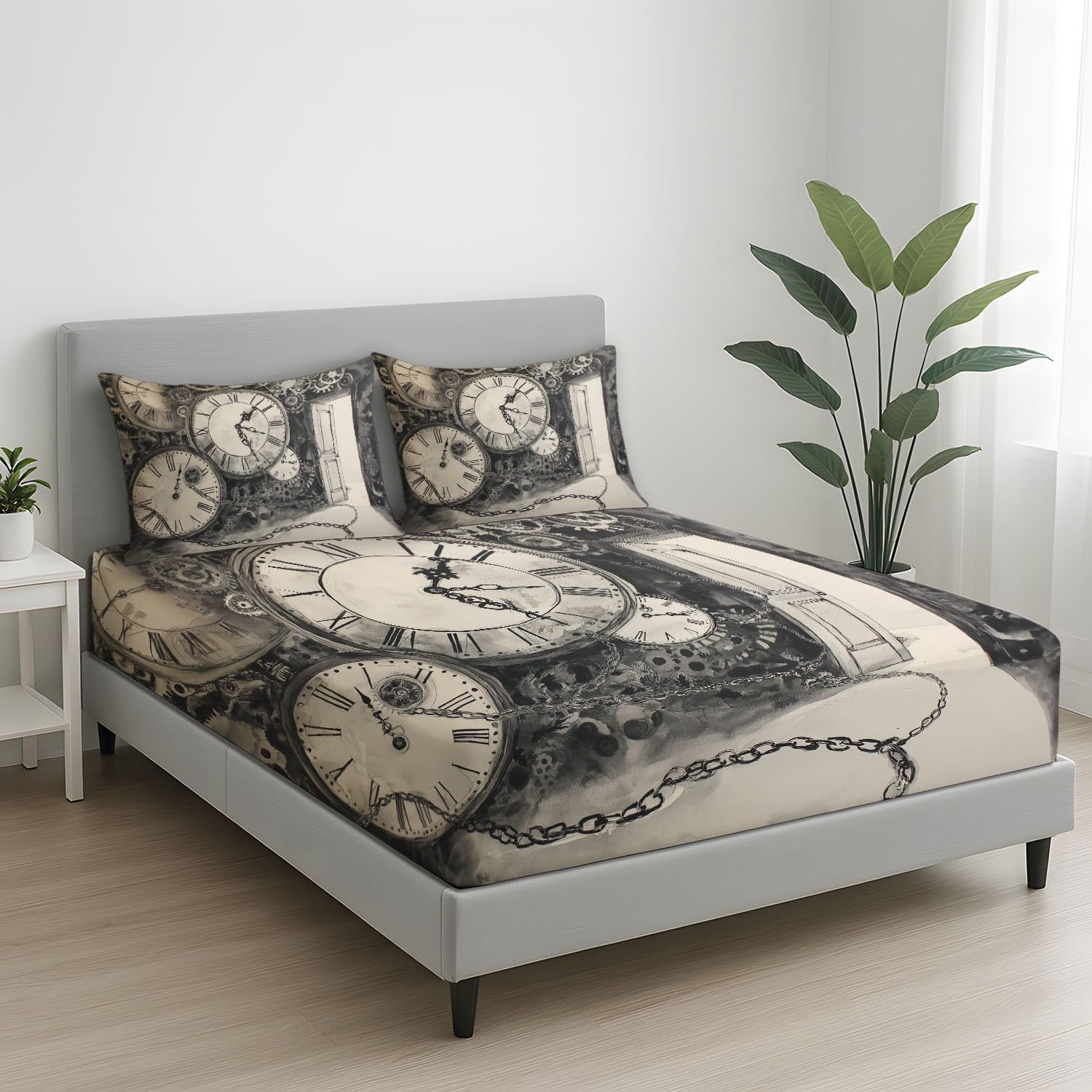 Grau Spannbettlaken Abstrakt Uhr Zahnräder Ketten Blatt 180 x 200 cm x 30 cm, Bettlaken für Mädchen Jungen Teenager,Vollständig elastisches Spannbettlaken Schlafzimmer Dekor